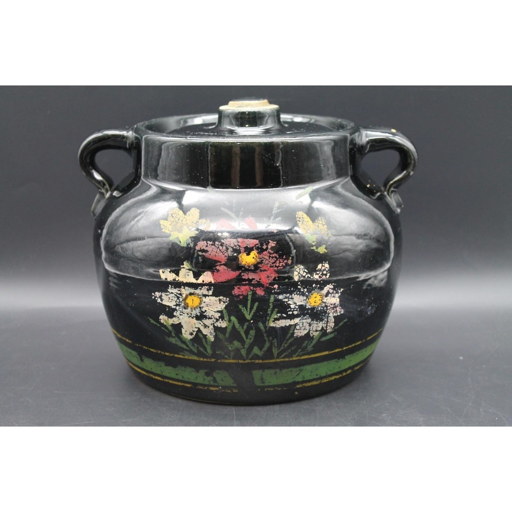 Vintage Large Black Floral Stoneware Bean Pot Lidded Crock 2 Handle 7.5" Country
